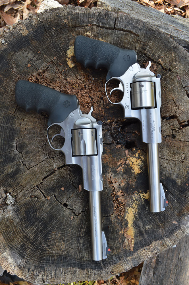 Ruger’s excellent double-action Super Redhawk is seen here in .480 Ruger (top), and .44 Magnum (bottom).