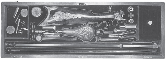 Outstanding gold and silver mounted percussion sporting rifle in its original fitted case with accessories c.1850. Made by Daniel B. Wesson of Hartford, Conn. who, in 1854 with Horace Smith, founded one of America’s most famous arms manufactories: Smith & Wesson. (from N. Flayderman & Co. Catalog No. 104 of Oct., 1980)