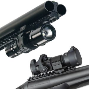 largeCalloutDefensePicatinny The Double Defense gun is outfitted with a green, fiber-optic front sight and comes standard with two Picatinny Rail accessory mounts: one on the receiver for red-dot sights and a second factory-installed rail under the barrels for attaching targeting lasers or tactical lights. All metal surfaces are finished in matte blue and come complete with non-reflective matte black hardwood stock and forearm.
