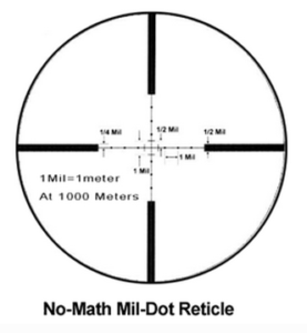 no-math The Leatherwood "No Math" Mil-Dot reticle. Simply fit a 36-inch object into the center bracket using the scope's zoom ring and fire.