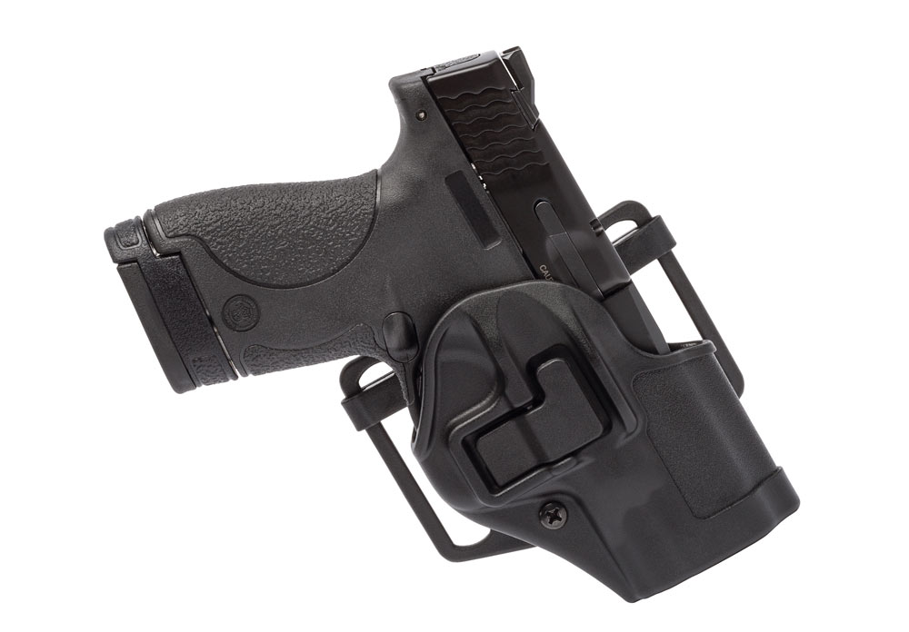 The Blackhawk! SERPA CQC Concealment holster features Level 2 retention. Passive retention is provided with the adjustable detent screw on the side for tightness, while the SERPA Auto Lock release on the side represents the active retention element.