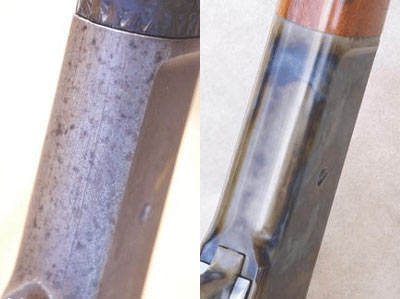 Left: The action floor of the Winchester 1886 as I found it: A pitted gray mess. Right: The action floor after Turn-bull’s restoration, returned to case-hardened glory.