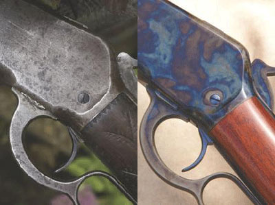 Left: The amazing thing about this Model 1886 is that it was so good inside, but looked like this on the outside. Since it left New Haven in 1900, it had obviously led an active life, even without falling into the hands of a would-be wood carver. Right: The rich colors of a fine case-hardening job are truly a thing of beauty.
