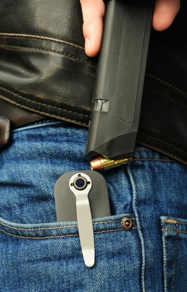 The <a href="http://www.gundigeststore.com/snagmag-concealed-magazine-holster?lid=CGgdar100413" target="_blank">Snagmag</a>, developed by a career plainclothes lawman, yields a spare Glock magazine from a trouser pocket.