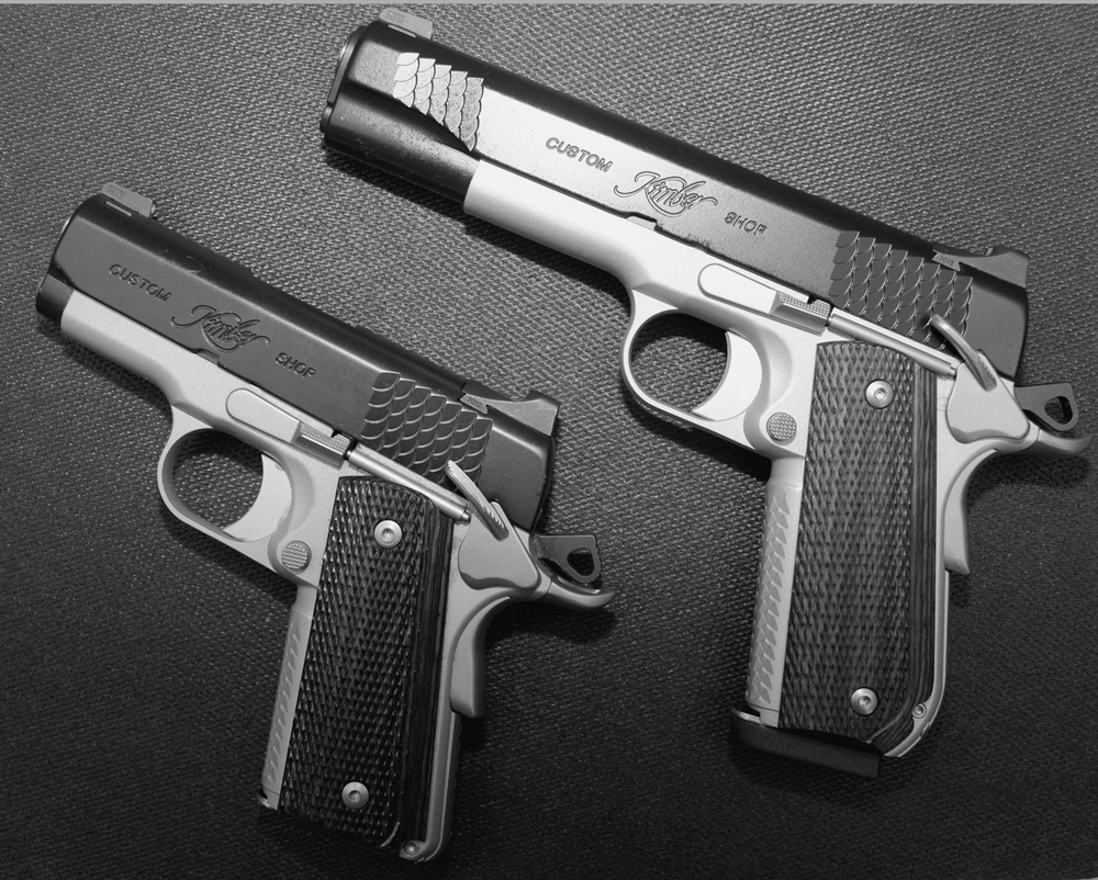 Two different Kimber custom shop .45 ACP handguns are shown here, but which one is right for you? The smaller model might be easier to conceal, but it will have more recoil than its bigger brother. If you’re particularly recoil sensitive, opt for the bigger one and experiment with different holsters to discover which one conceals it best.